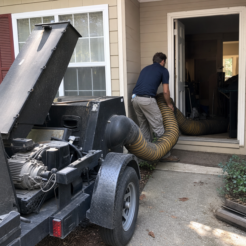 Professional air duct cleaning technician operating a truck-mounted vacuum system