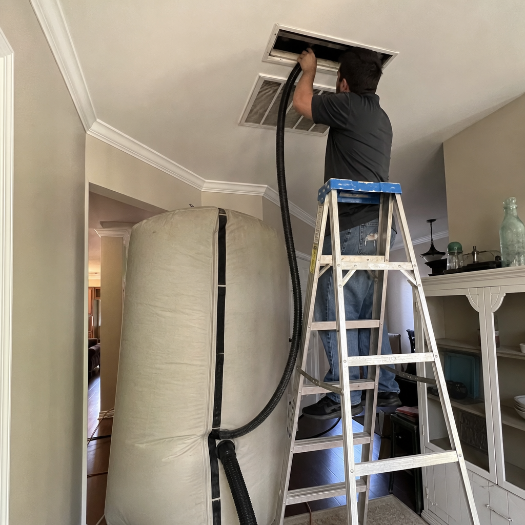 Technician performing professional air duct cleaning service in a residential home