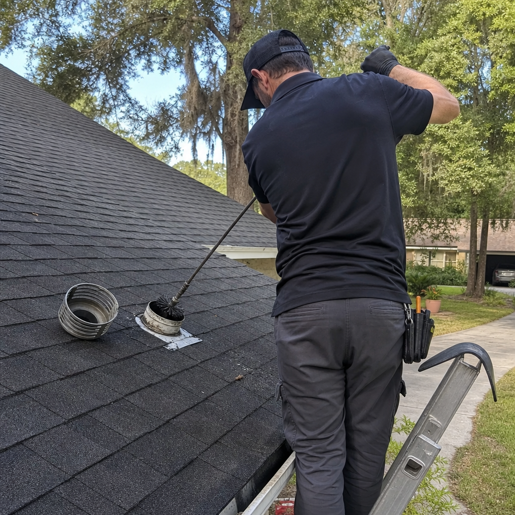Professional technician cleaning a residential dryer vent from the roof
