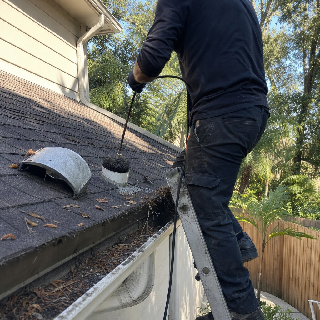 Technician performing professional dryer vent cleaning on a residential roof