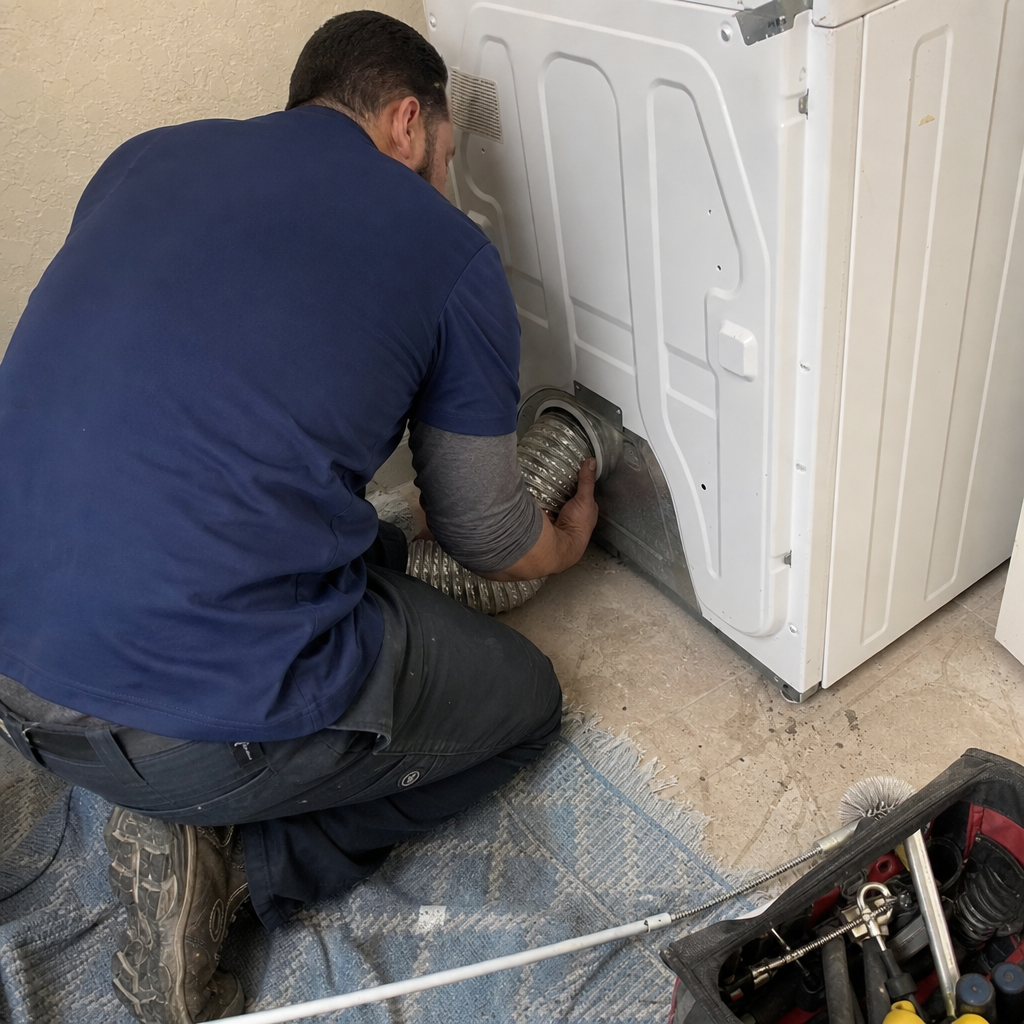 Technician performing professional dryer vent cleaning service on a home dryer