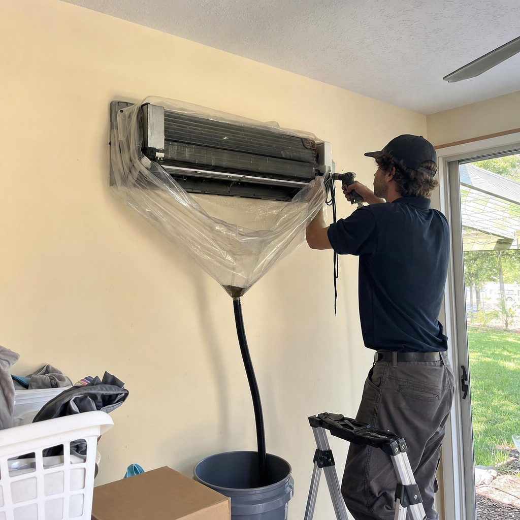Technician performing professional maintenance cleaning on a wall-mounted air conditioner unit