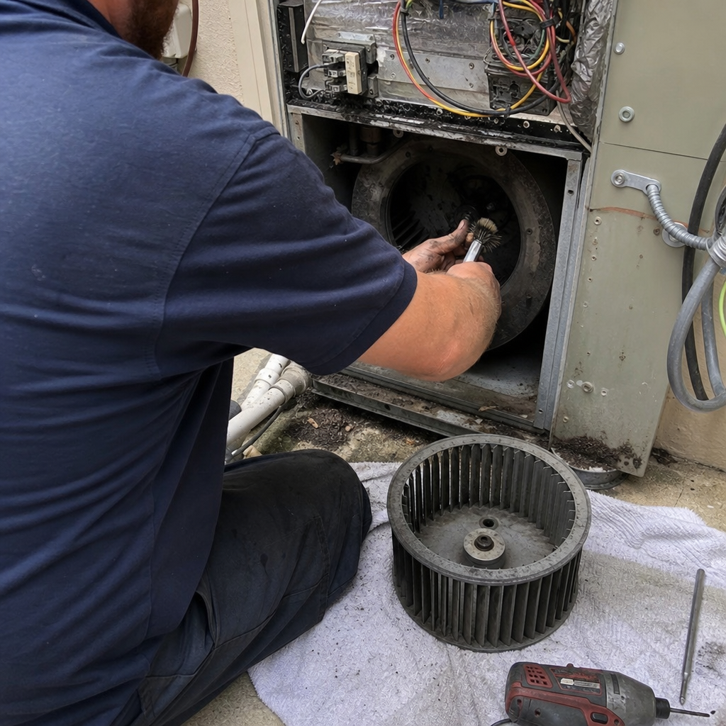Technician performing professional HVAC blower motor maintenance and cleaning