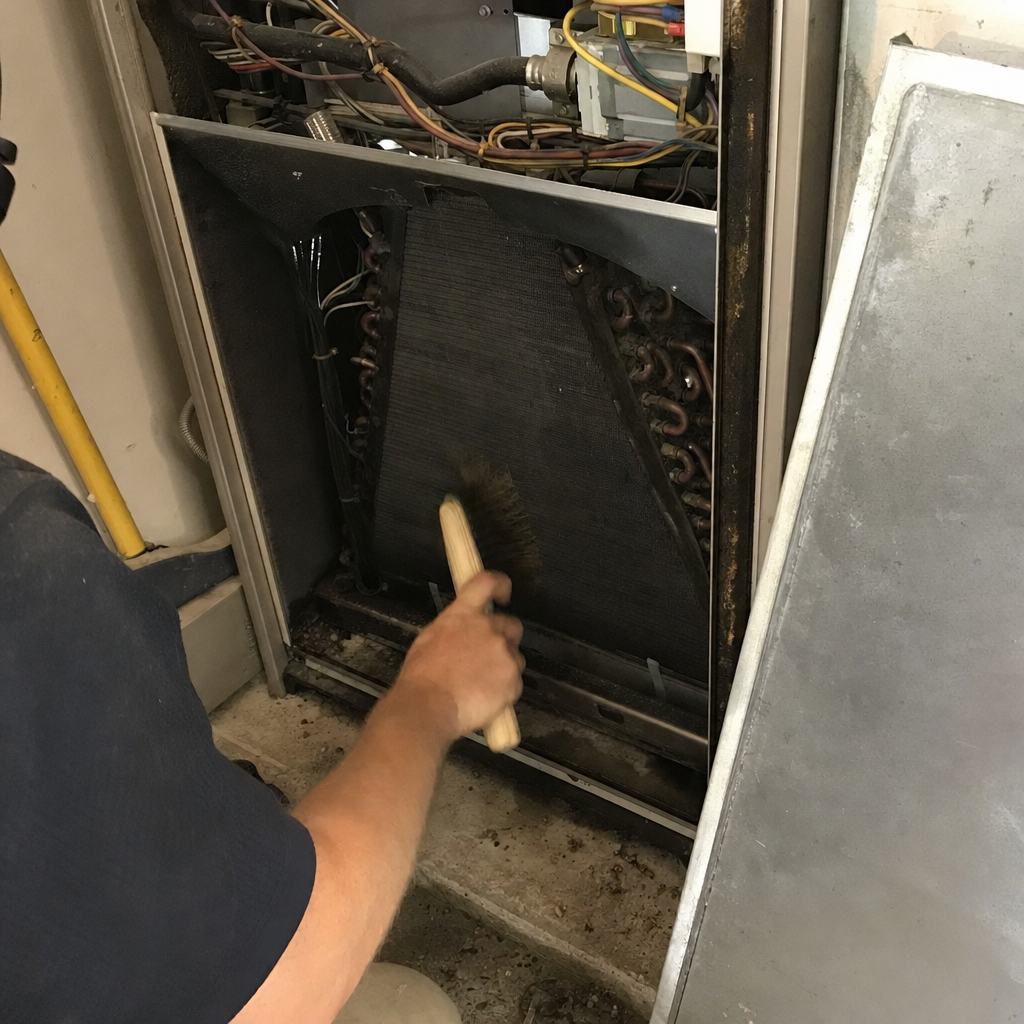 HVAC technician cleaning evaporator coil for improved air conditioning efficiency