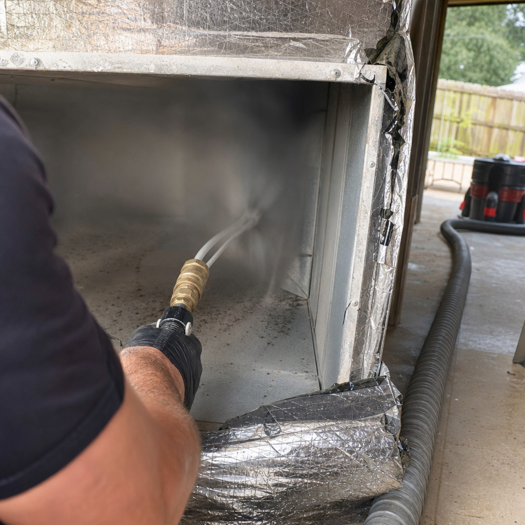 Professional air duct cleaning service using industrial equipment.