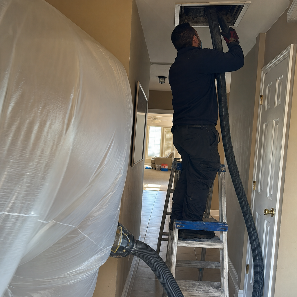 Technician using professional equipment for residential air duct cleaning
