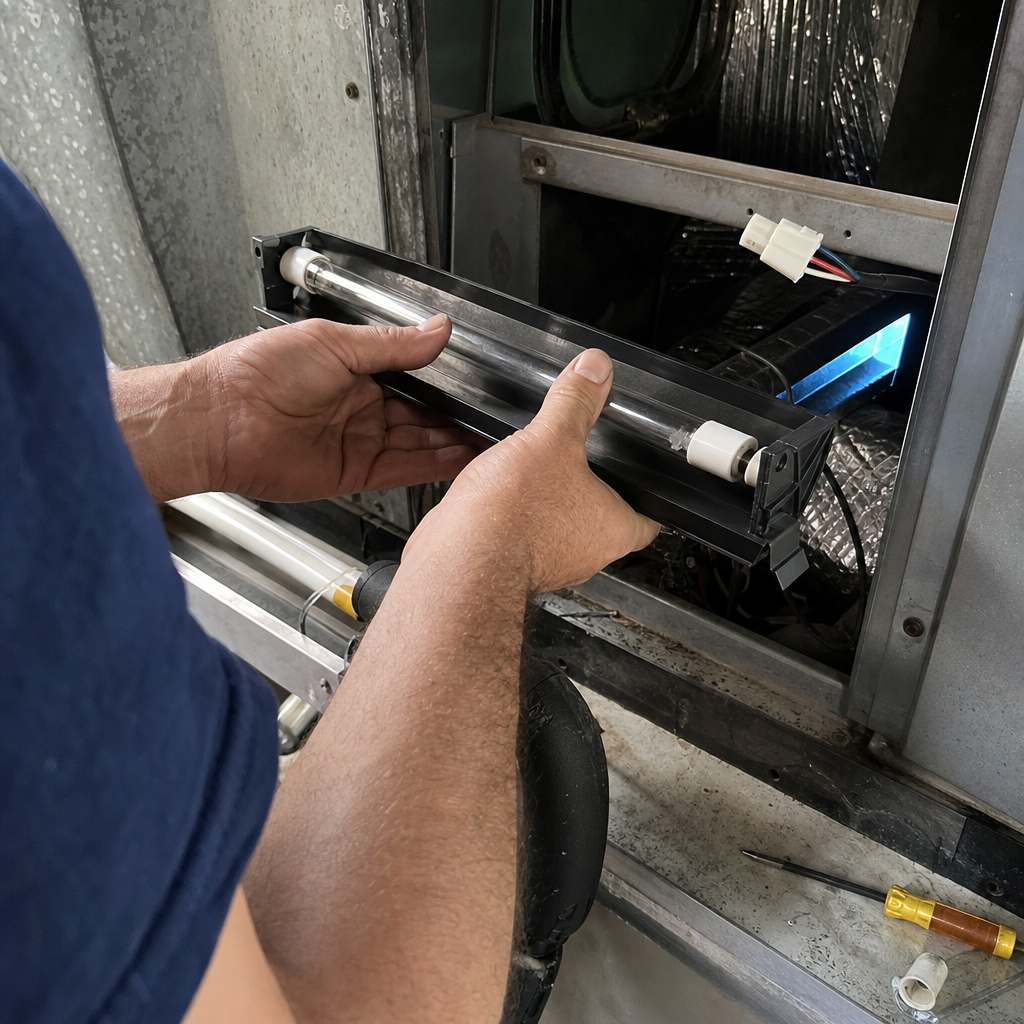 Technician installing germicidal UV light for air duct sanitizing in Jacksonville, FL