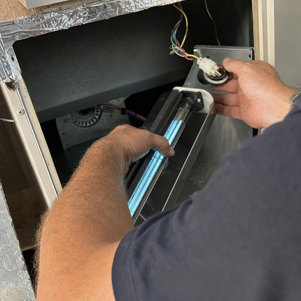 Technician installing UV light air purification system in HVAC duct in Jacksonville, FL