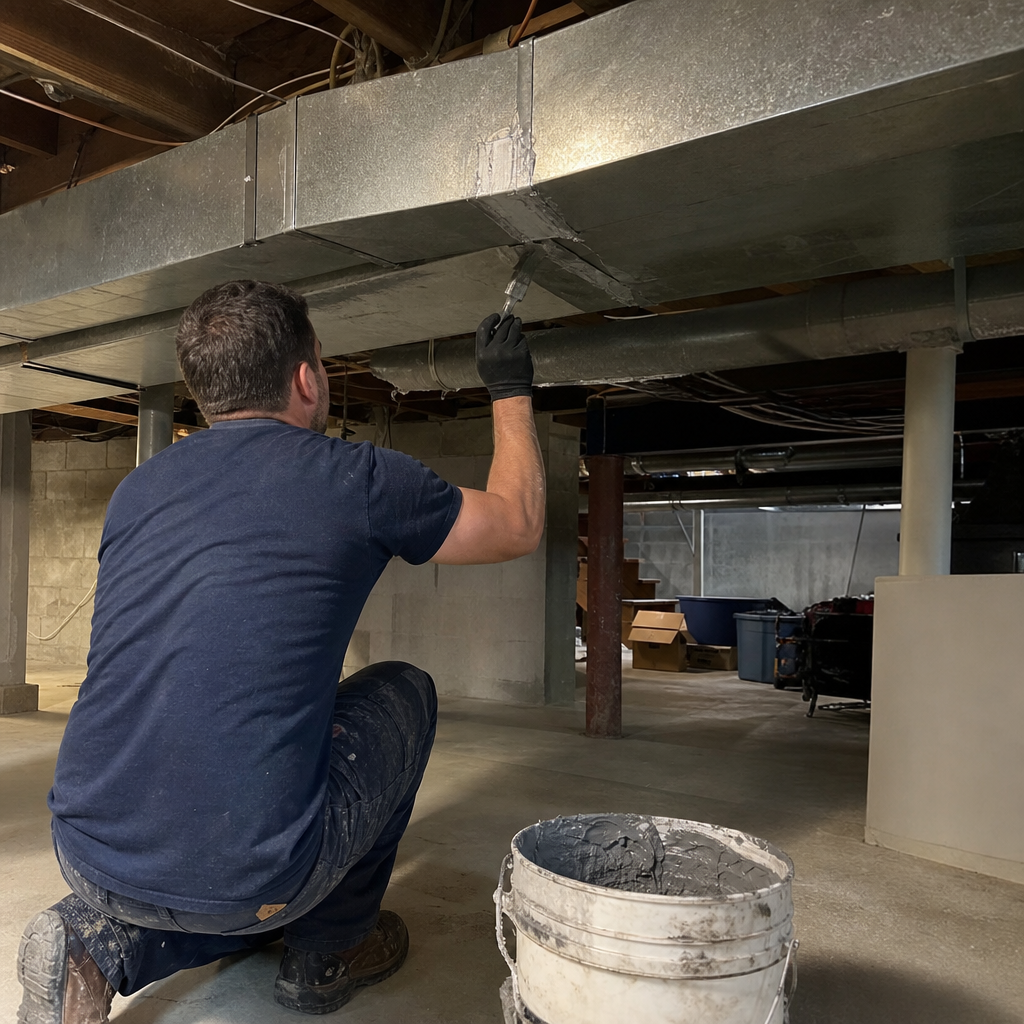 Professional technician applying sealant to metal HVAC ductwork for repair. in Jacksonville, FL