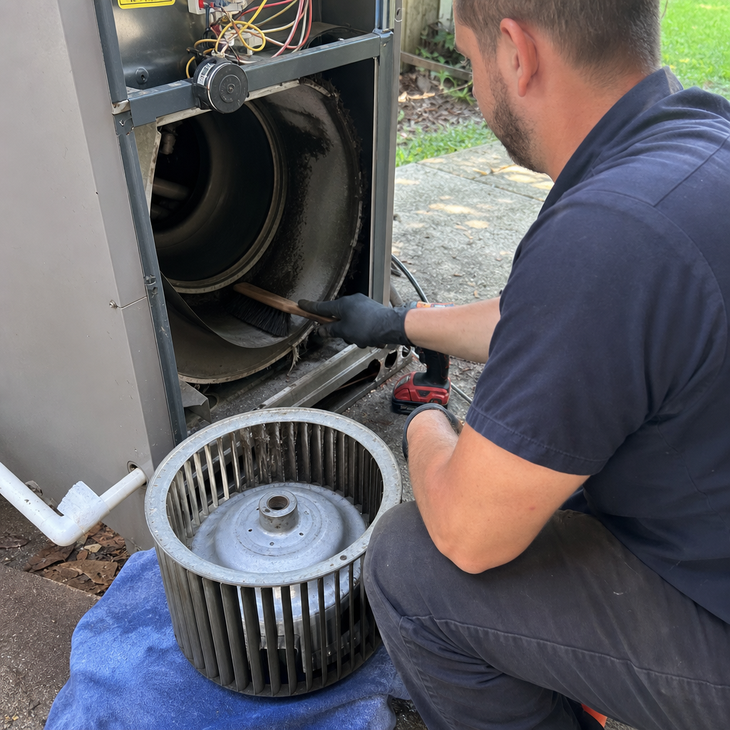 Technician cleaning interior housing of HVAC blower unit